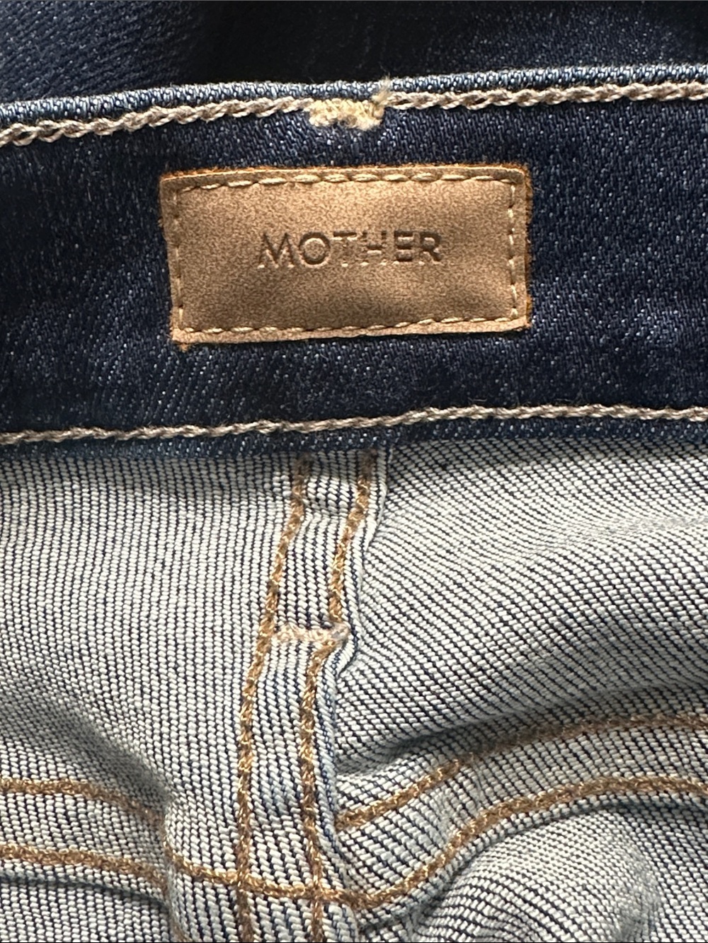 MOTHER Denim Jeans - Dark Blue Denim with Tan Leather Patch